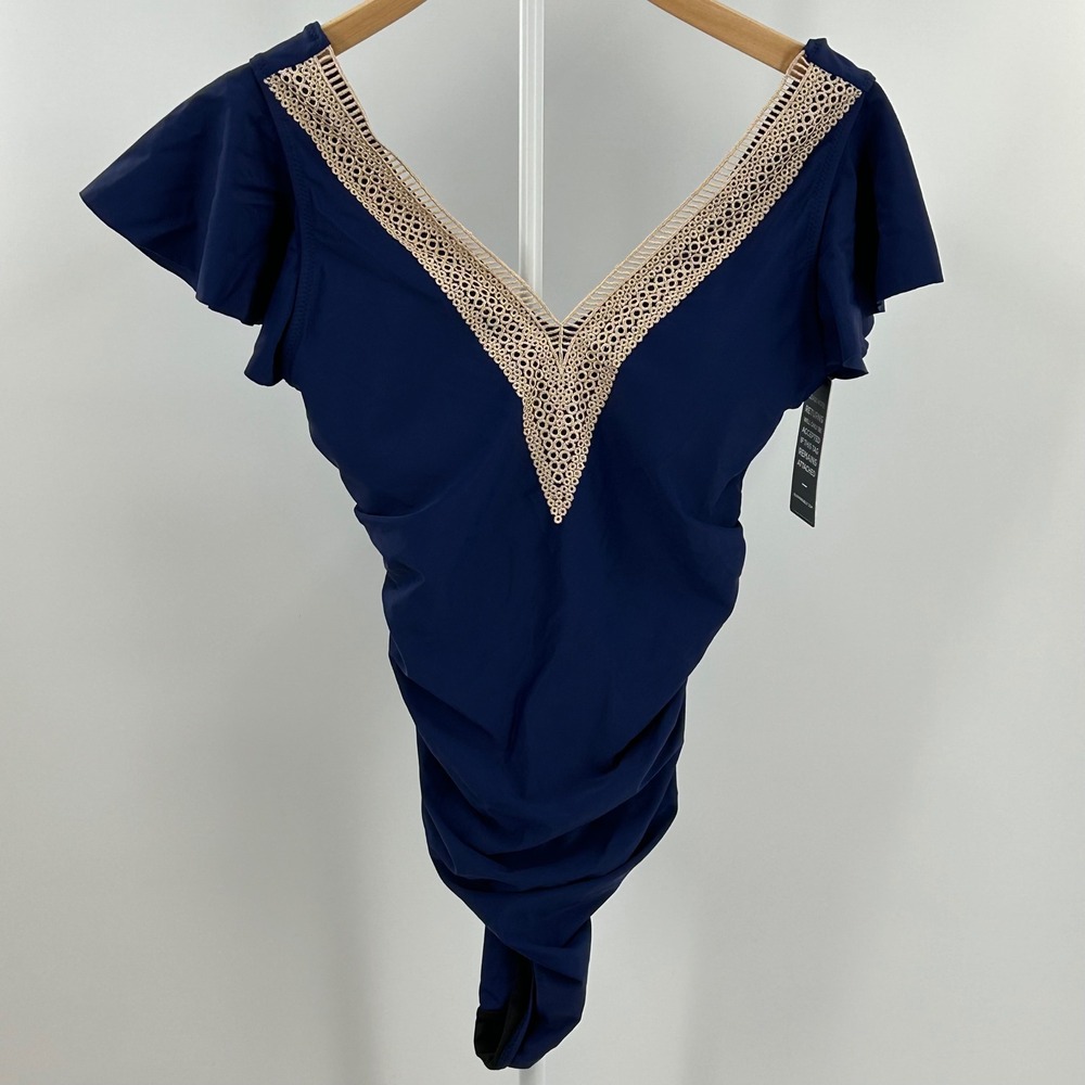 Blooming Jelly Navy Blue Crochet Lace V-Neck Flutter Sleeve One Piece Swimsuit M